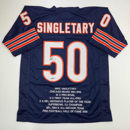 Autographed/Signed Mike Singletary Chicago Blue Stat Football Jersey Beckett BAS COA