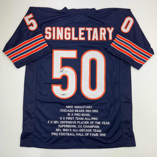 Autographed/Signed Mike Singletary Chicago Blue Stat Football Jersey Beckett BAS COA