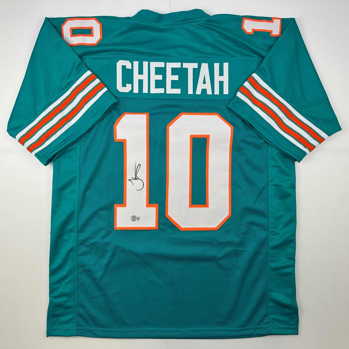 Autographed/Signed Tyreek Hill Cheetah Miami Retro Teal Football Jersey Beckett BAS COA