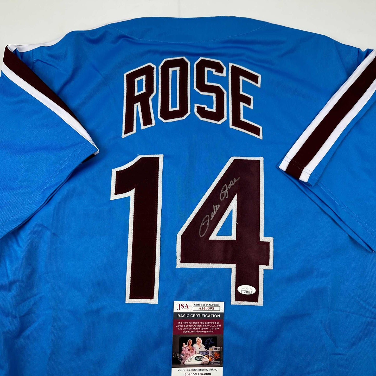 Autographed/Signed Pete Rose Philadelphia Retro Blue Baseball Jersey JSA COA