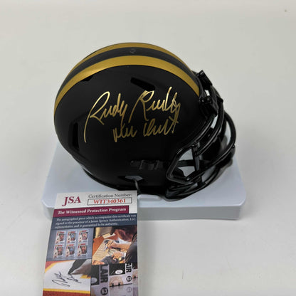 Autographed/Signed Rudy Ruettiger Never Quit Notre Dame Irish Black Eclipse Football Mini Helmet JSA COA
