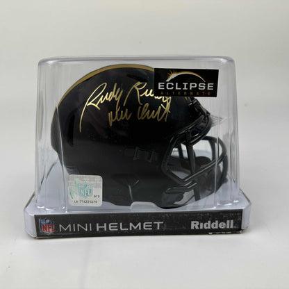Autographed/Signed Rudy Ruettiger Never Quit Notre Dame Irish Black Eclipse Football Mini Helmet JSA COA