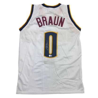 Autographed/Signed Christian Braun Denver White Basketball Jersey Beckett BAS COA