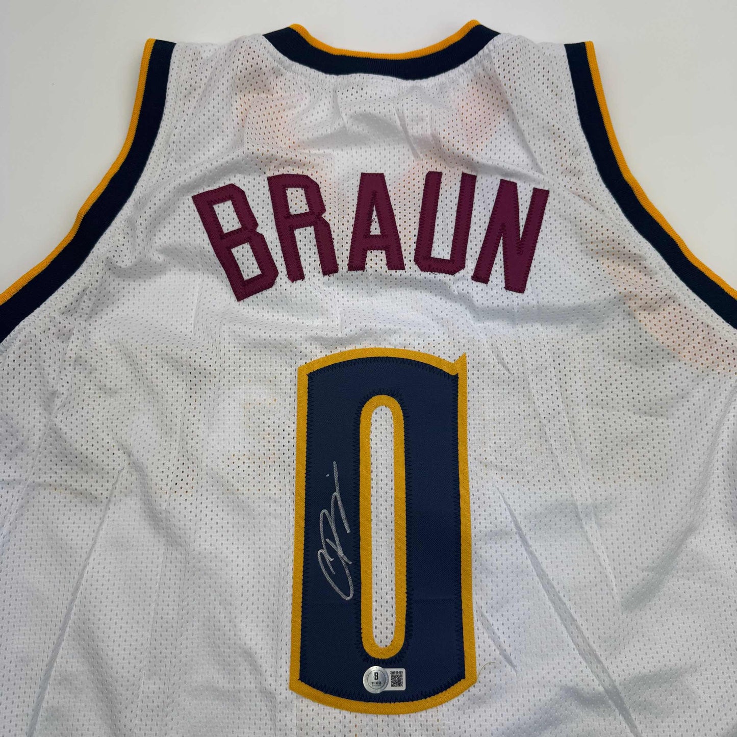 Autographed/Signed Christian Braun Denver White Basketball Jersey Beckett BAS COA