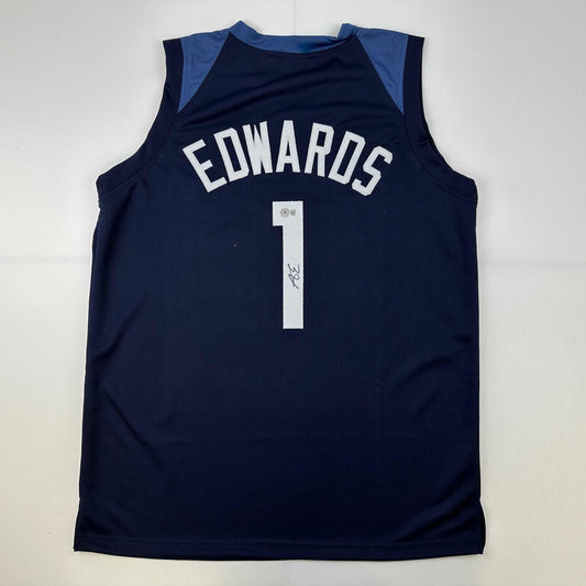 Autographed/Signed Anthony Edwards Minnesota Blue Basketball Jersey Beckett BAS COA