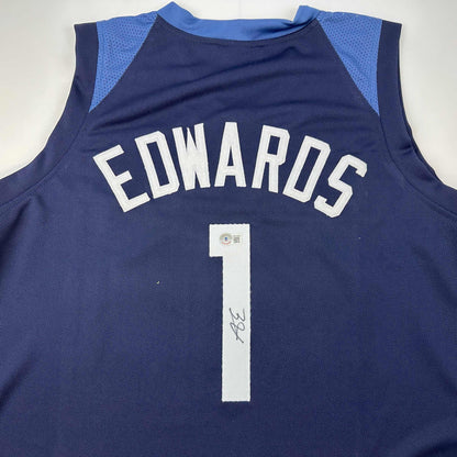 Autographed/Signed Anthony Edwards Minnesota Blue Basketball Jersey Beckett BAS COA