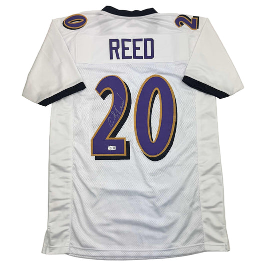 Autographed/Signed Ed Reed Baltimore White Football Jersey Beckett BAS COA