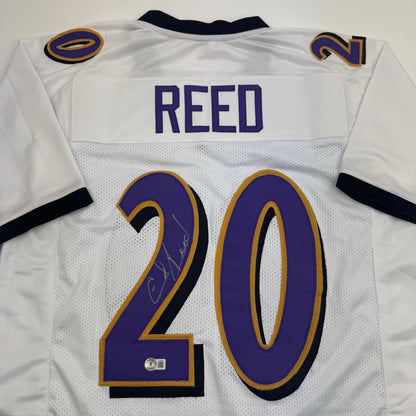 Autographed/Signed Ed Reed Baltimore White Football Jersey Beckett BAS COA