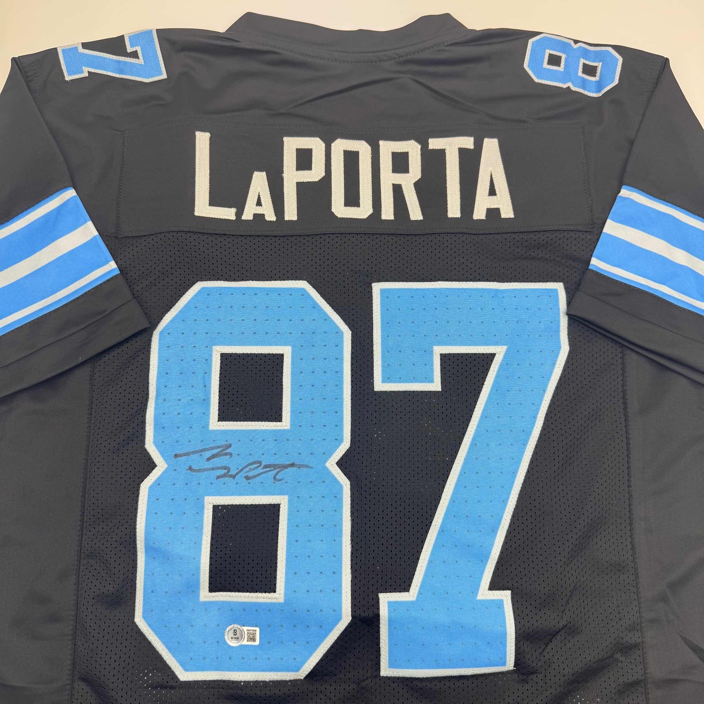 Autographed/Signed Sam LaPorta Detroit Black Football Jersey Beckett BAS COA