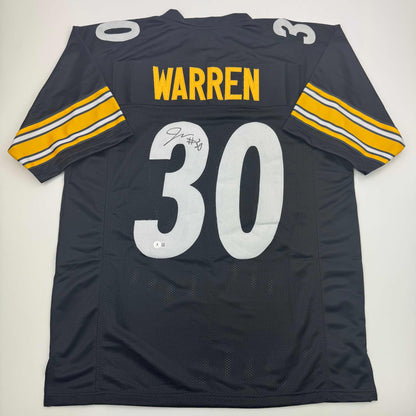 Autographed/Signed Jaylen Warren Pittsburgh Black Football Jersey Beckett BAS COA