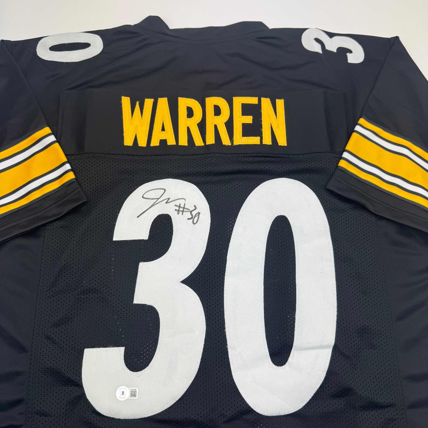 Autographed/Signed Jaylen Warren Pittsburgh Black Football Jersey Beckett BAS COA