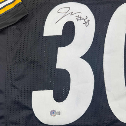 Autographed/Signed Jaylen Warren Pittsburgh Black Football Jersey Beckett BAS COA