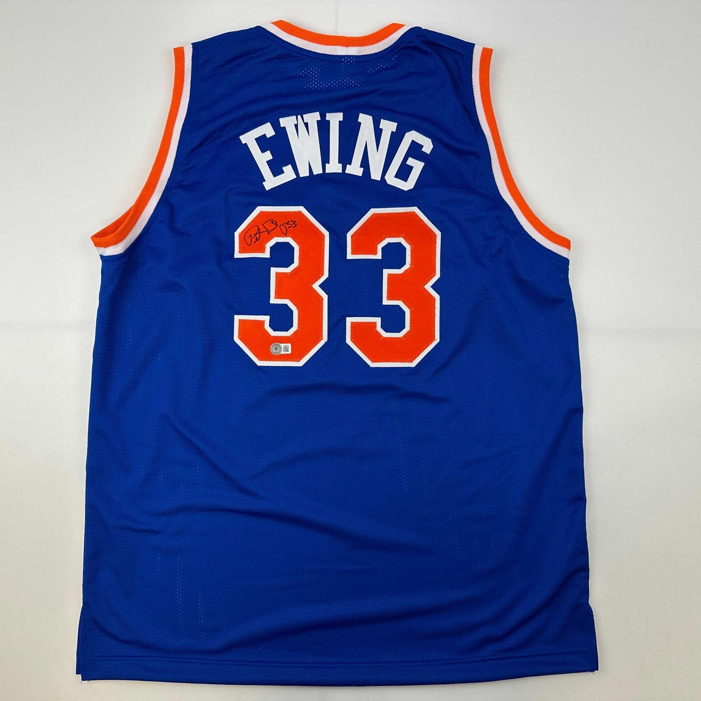 Autographed/Signed Patrick Ewing New York Blue Basketball Jersey Beckett BAS COA