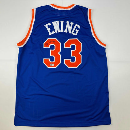 Autographed/Signed Patrick Ewing New York Blue Basketball Jersey Beckett BAS COA