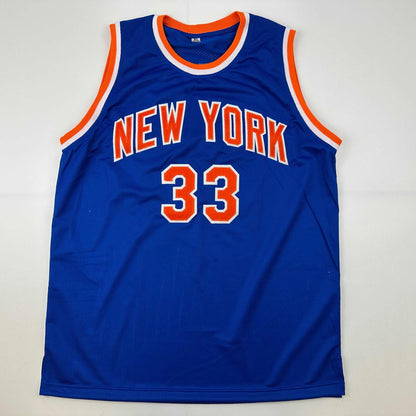 Autographed/Signed Patrick Ewing New York Blue Basketball Jersey Beckett BAS COA