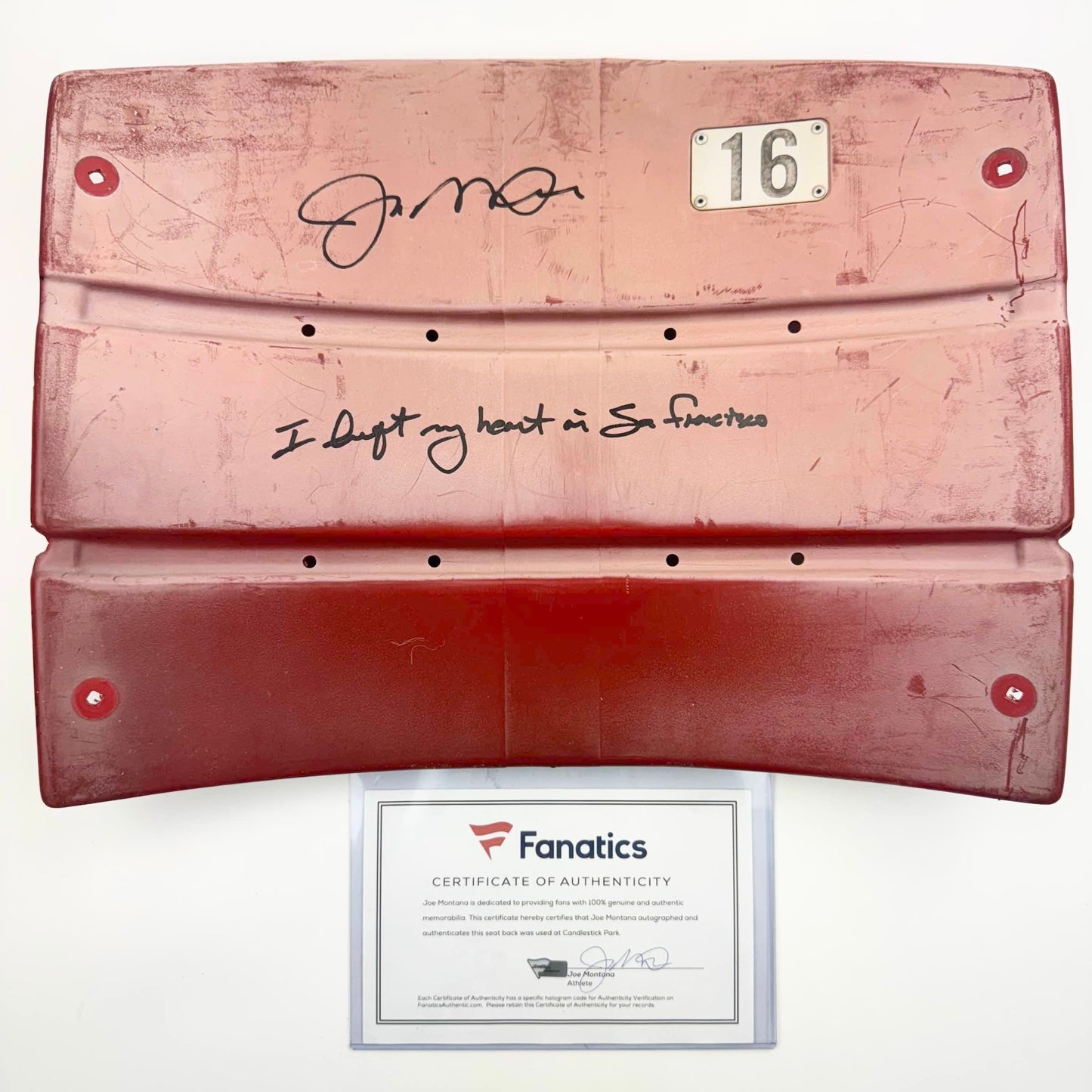Autographed/Signed Joe Montana RARE Candlestick Park Seatback "I Left My Heart In San Francisco" Fanatics COA