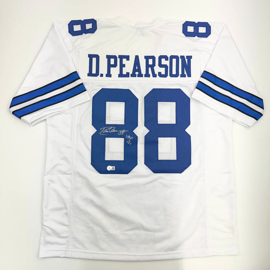 Autographed/Signed Drew Pearson HOF 21 Dallas White Football Jersey Beckett BAS COA