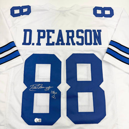 Autographed/Signed Drew Pearson HOF 21 Dallas White Football Jersey Beckett BAS COA