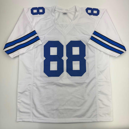 Autographed/Signed Drew Pearson HOF 21 Dallas White Football Jersey Beckett BAS COA