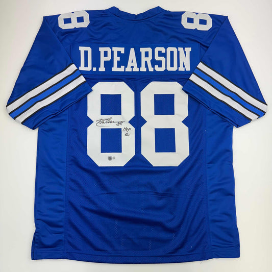 Autographed/Signed Drew Pearson HOF 21 Dallas Blue Football Jersey Beckett BAS COA
