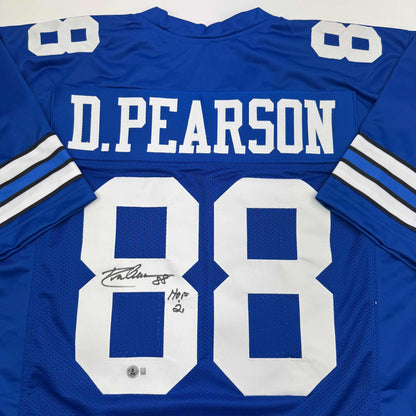 Autographed/Signed Drew Pearson HOF 21 Dallas Blue Football Jersey Beckett BAS COA