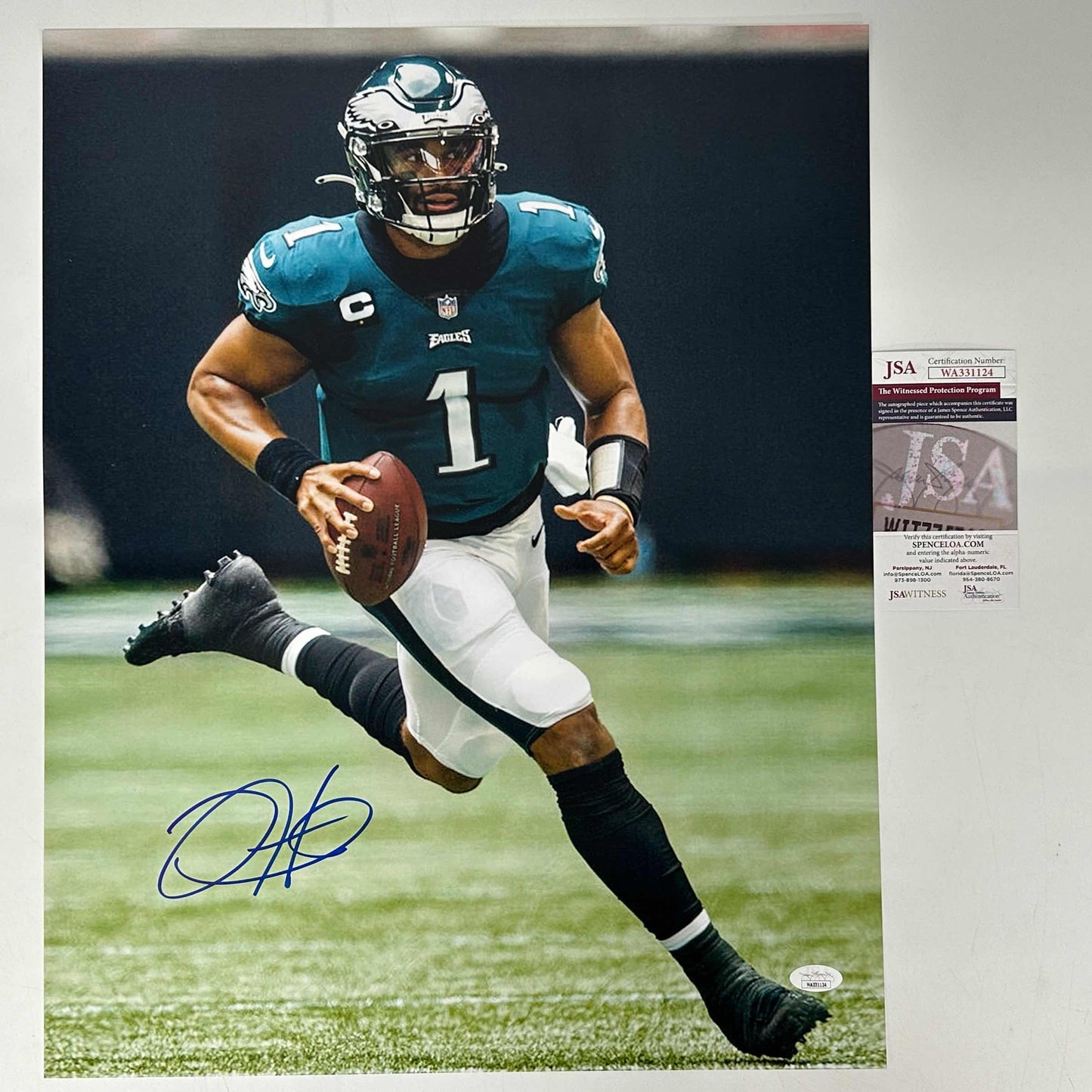 Autographed/Signed Jalen Hurts Philadelphia Eagles 16x20 Football Photo JSA COA #1