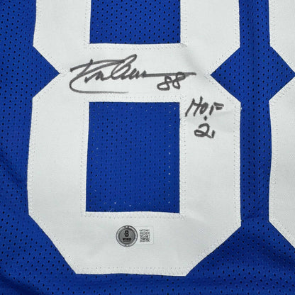 Autographed/Signed Drew Pearson HOF 21 Dallas Blue Football Jersey Beckett BAS COA
