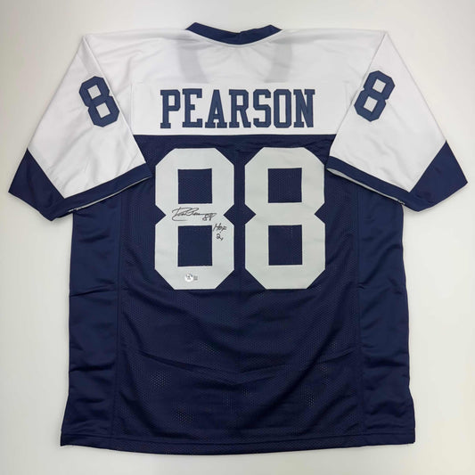 Autographed/Signed Drew Pearson HOF 21 Dallas Thanksgiving Football Jersey Beckett BAS COA