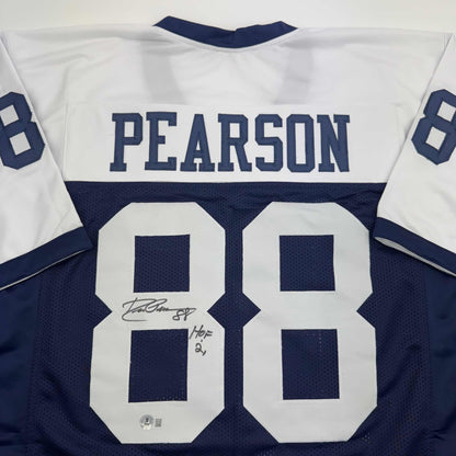 Autographed/Signed Drew Pearson HOF 21 Dallas Thanksgiving Football Jersey Beckett BAS COA