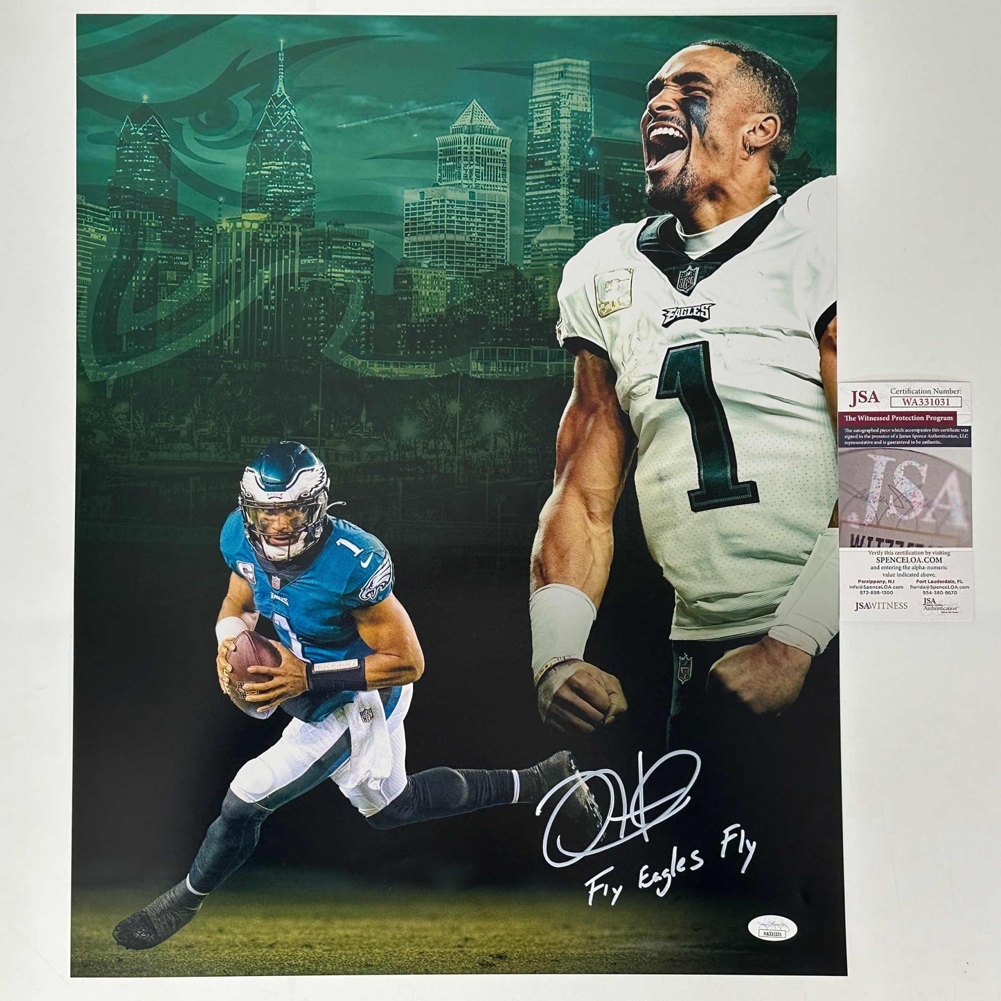 Autographed/Signed Jalen Hurts Inscribed Fly Eagles Fly Philadelphia 16x20 Football Photo JSA COA #2