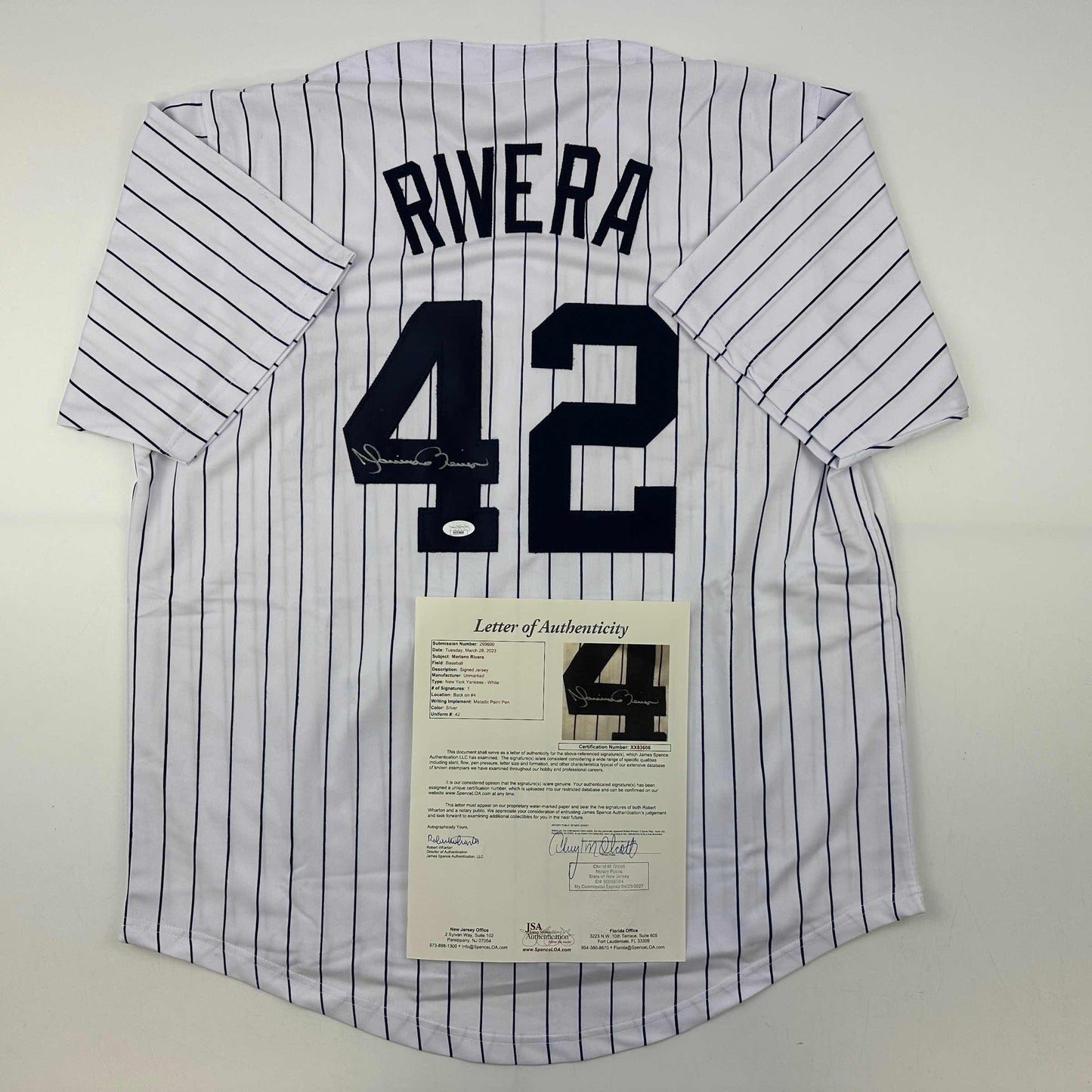 Autographed/Signed Mariano Rivera New York Pinstripe Baseball Jersey JSA COA/LOA
