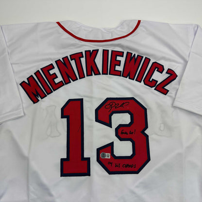 Autographed/Signed Doug Mientkiewicz Final Out! 04 WS Champs! Boston White Baseball Jersey Beckett BAS COA