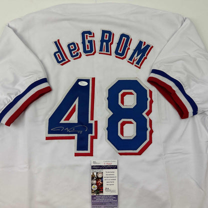 Autographed/Signed Jacob DeGrom Texas White Baseball Jersey JSA COA