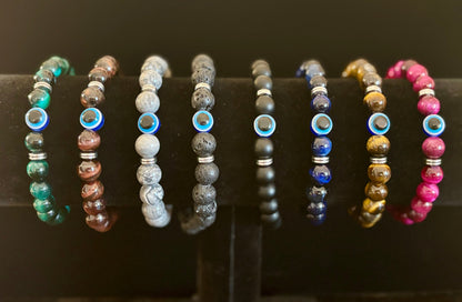 Evil Eye Tiger Eye Style Beaded Bracelet – Handmade Natural Stone Protection
