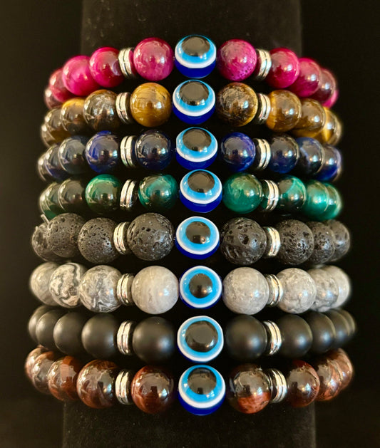 Evil Eye Tiger Eye Style Beaded Bracelet – Handmade Natural Stone Protection