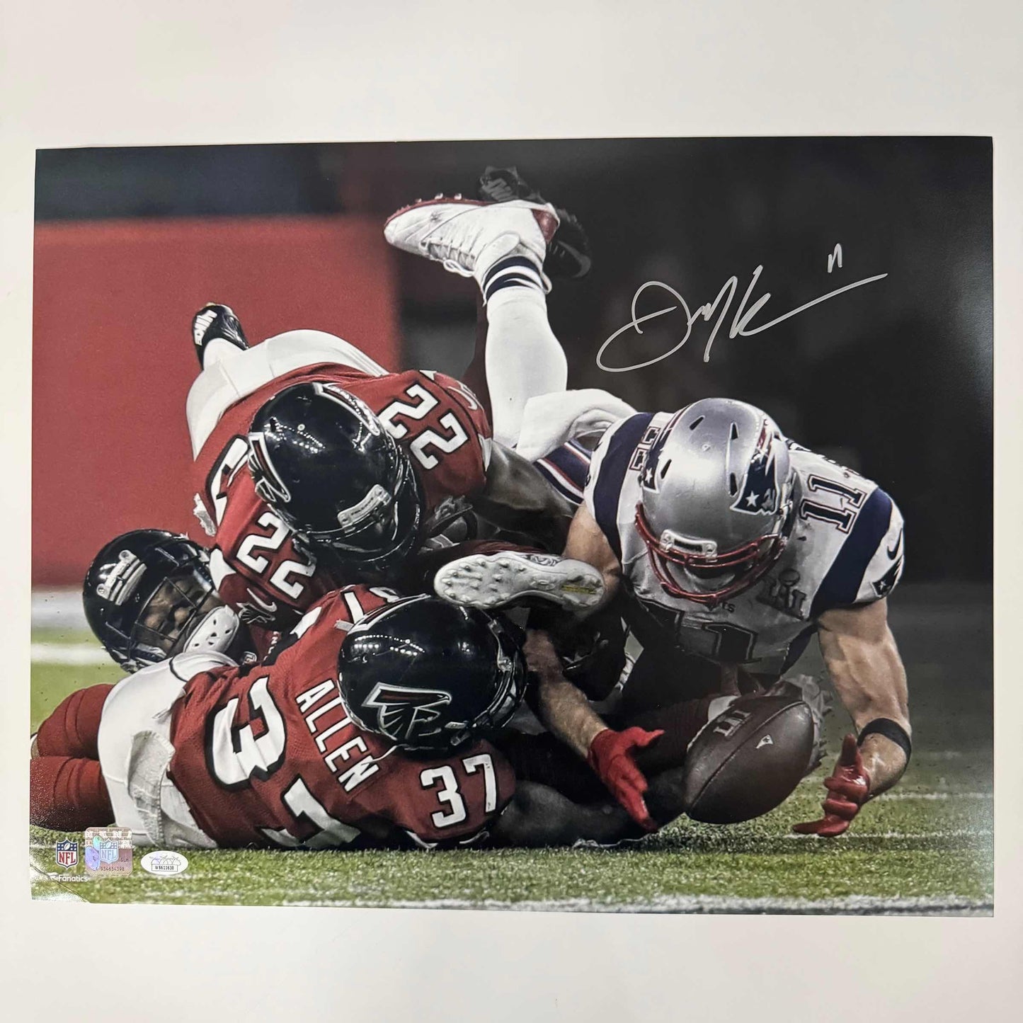 Autographed/Signed Julian Edelman New England Patriots 16x20 Football Photo JSA COA