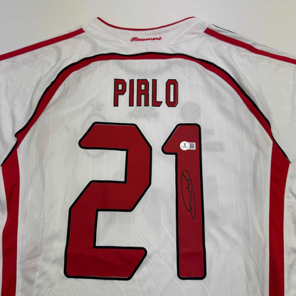 Autographed/Signed Andrea Pirlo AC Milan White Soccer Futbol Jersey Beckett BAS COA