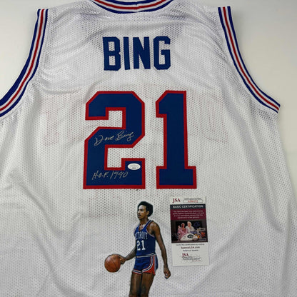 Autographed/Signed Dave Bing HOF 1990 Artwork Detroit White Basketball Jersey JSA COA