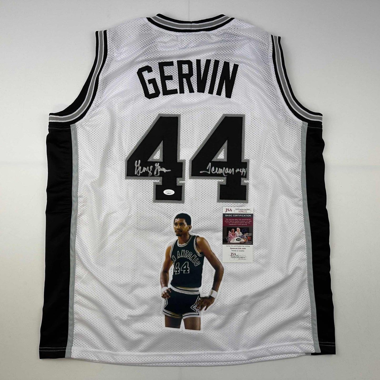 Autographed/Signed George Gervin Iceman Artwork San Antonio White Basketball Jersey JSA COA
