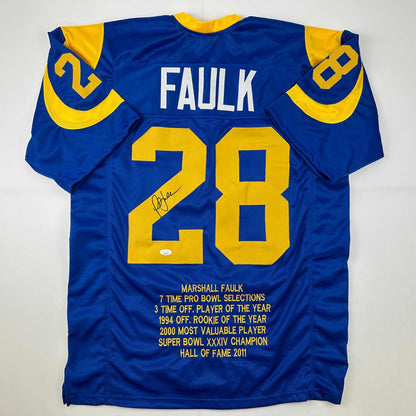 Autographed/Signed Marshall Faulk St. Louis Retro Blue Stat Football Jersey JSA COA