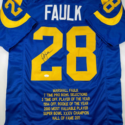 Autographed/Signed Marshall Faulk St. Louis Retro Blue Stat Football Jersey JSA COA
