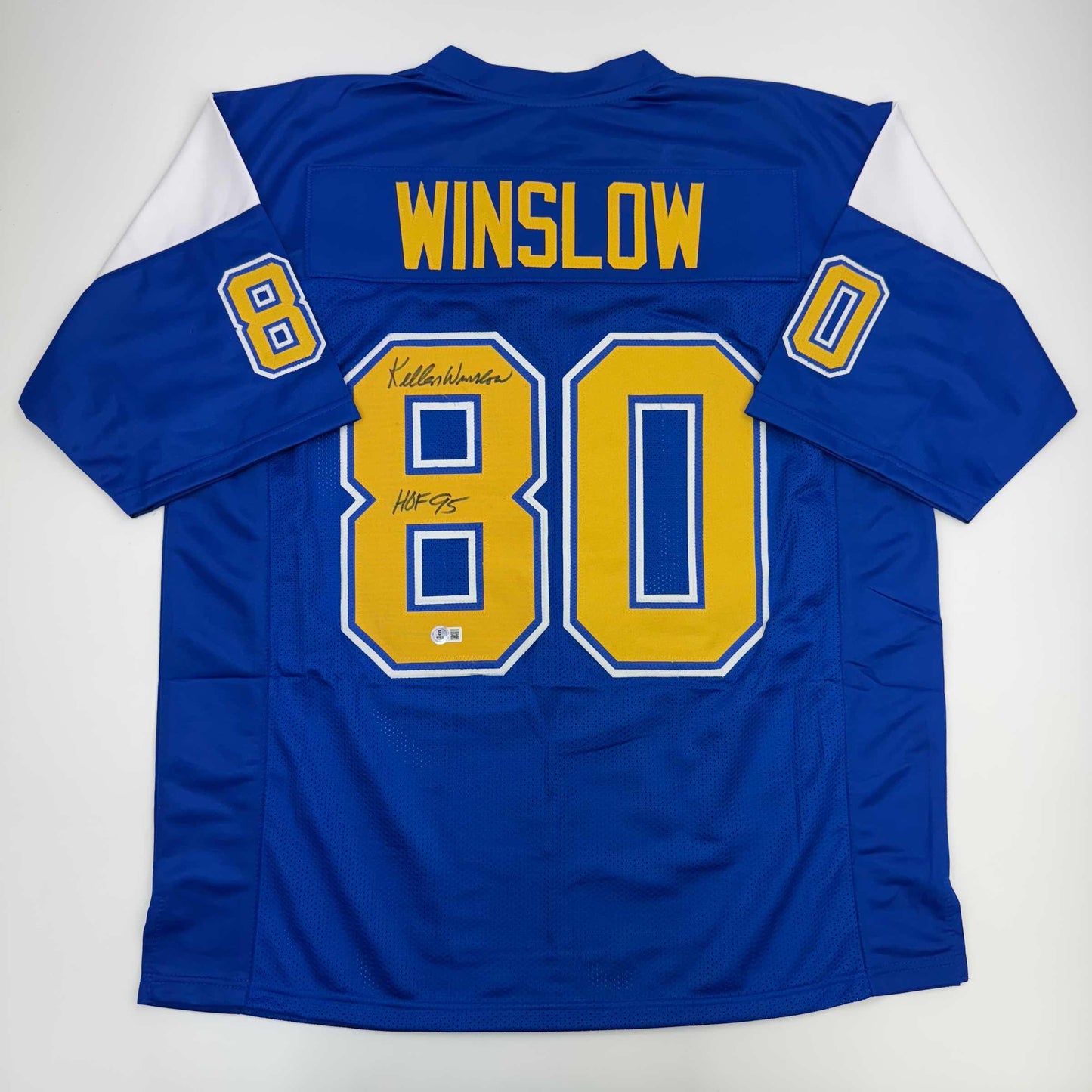 Autographed/Signed Kellen Winslow HOF 95 San Diego Chargers Blue/Yellow Football Jersey Beckett BAS COA