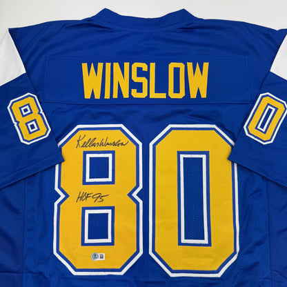 Autographed/Signed Kellen Winslow HOF 95 San Diego Chargers Blue/Yellow Football Jersey Beckett BAS COA