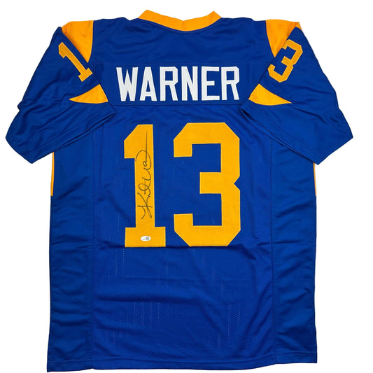 Autographed/Signed Kurt Warner St. Louis Blue Football Jersey JSA COA