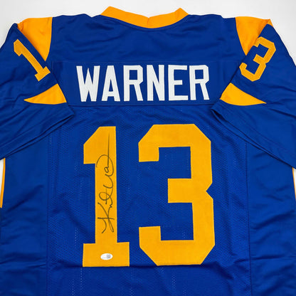 Autographed/Signed Kurt Warner St. Louis Blue Football Jersey JSA COA