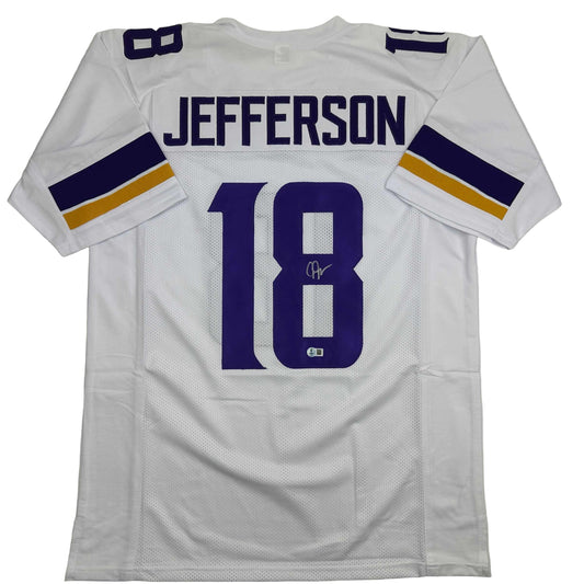 Autographed/Signed Justin Jefferson Minnesota White Football Jersey Beckett BAS COA