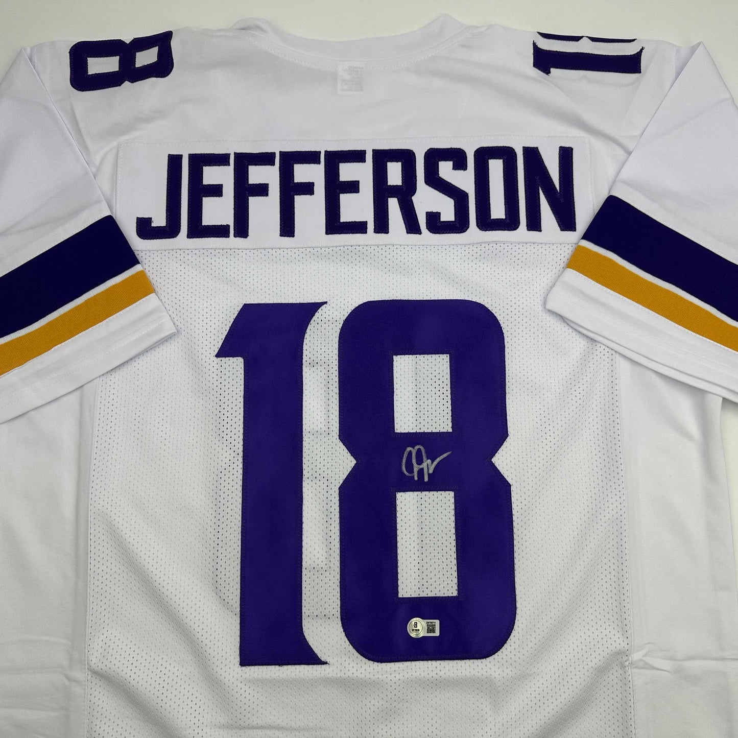 Autographed/Signed Justin Jefferson Minnesota White Football Jersey Beckett BAS COA