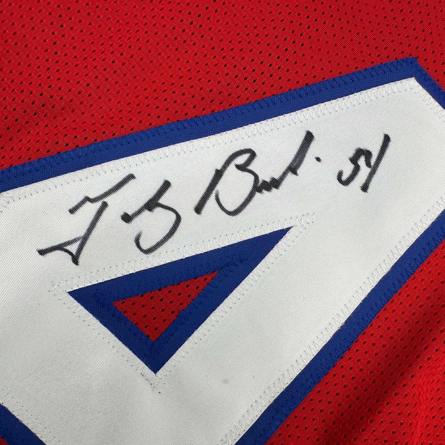 Autographed/Signed Tedy Bruschi New England Red Football Jersey Beckett BAS COA