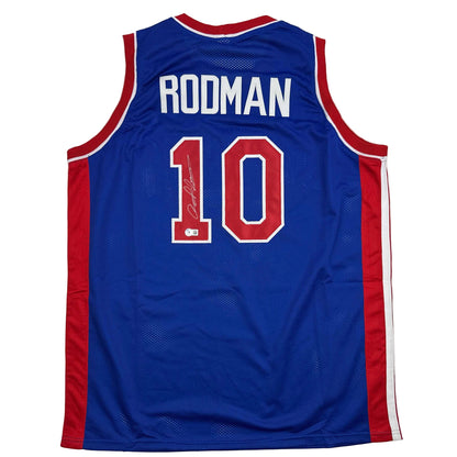 Autographed/Signed Dennis Rodman Detroit Blue Basketball Jersey Beckett BAS COA - Triathlete Store