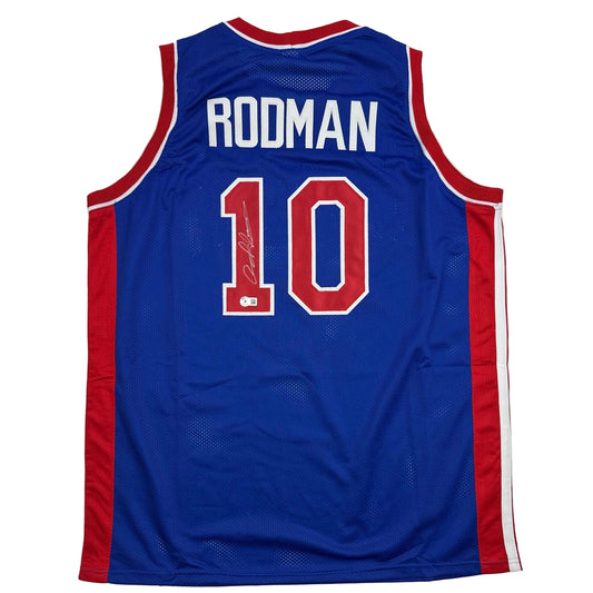 Autographed/Signed Dennis Rodman Detroit Blue Basketball Jersey Beckett BAS COA - Triathlete Store